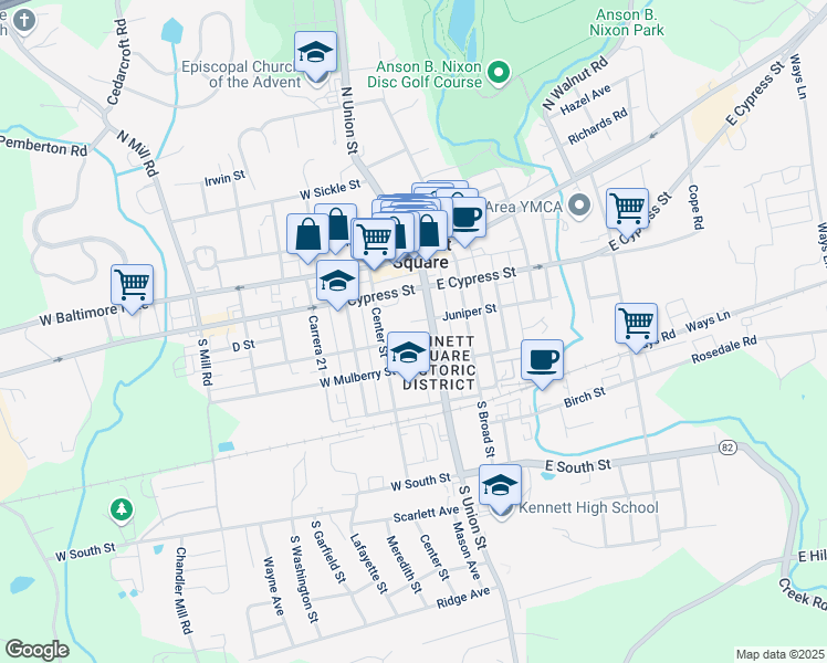 map of restaurants, bars, coffee shops, grocery stores, and more near 111 Magnolia Street in Kennett Square