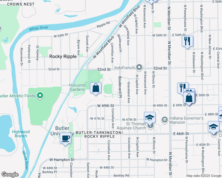 map of restaurants, bars, coffee shops, grocery stores, and more near 4600 Sunset Avenue in Indianapolis
