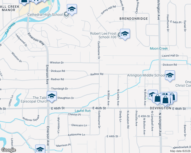 map of restaurants, bars, coffee shops, grocery stores, and more near 5329 Radnor Road in Indianapolis