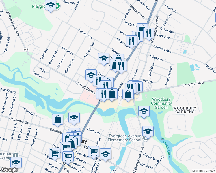 map of restaurants, bars, coffee shops, grocery stores, and more near 547 North Broad Street in Woodbury