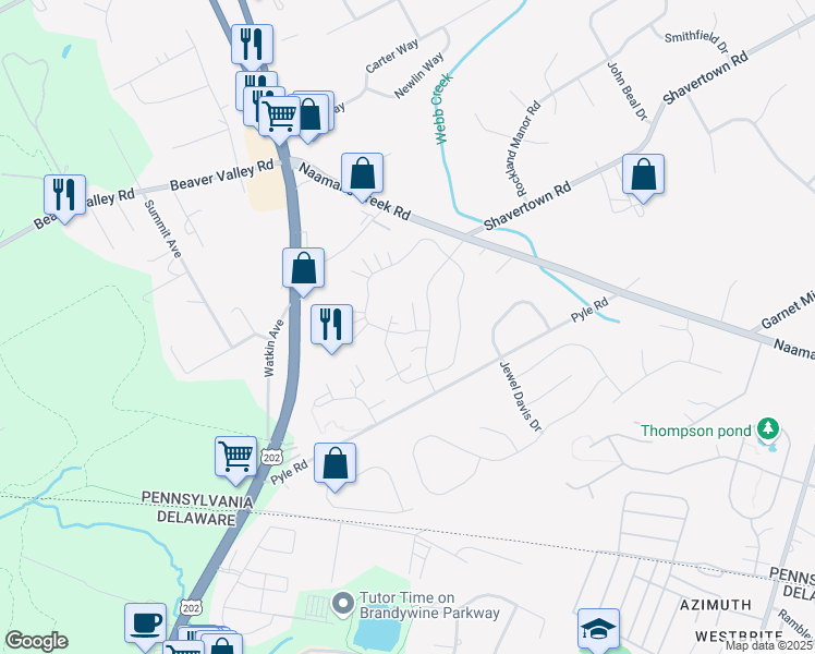 map of restaurants, bars, coffee shops, grocery stores, and more near 1501 Century Lane in Chadds Ford