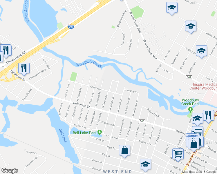 map of restaurants, bars, coffee shops, grocery stores, and more near 113 North Drexel Street in Woodbury