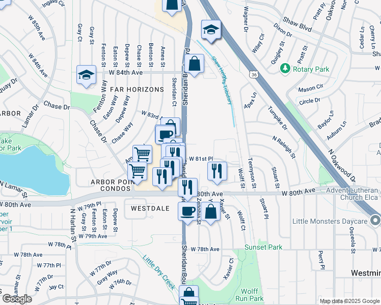 map of restaurants, bars, coffee shops, grocery stores, and more near 8140 Sheridan Boulevard in Westminster