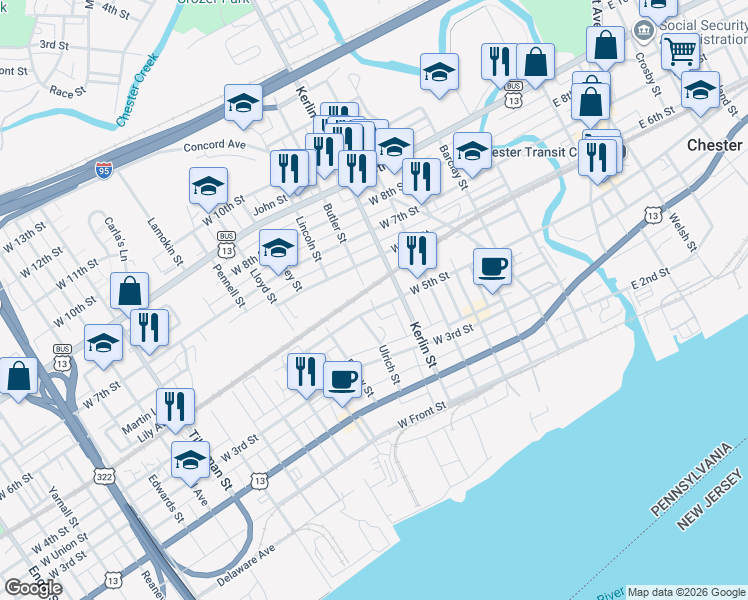 map of restaurants, bars, coffee shops, grocery stores, and more near 726-728 West 5th Street in Chester
