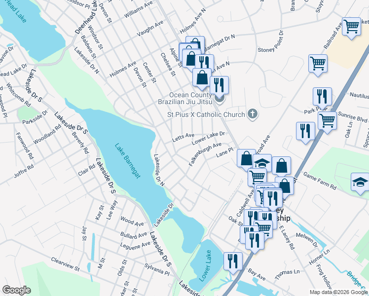 map of restaurants, bars, coffee shops, grocery stores, and more near 242 Lower Lake Drive in Lacey Township