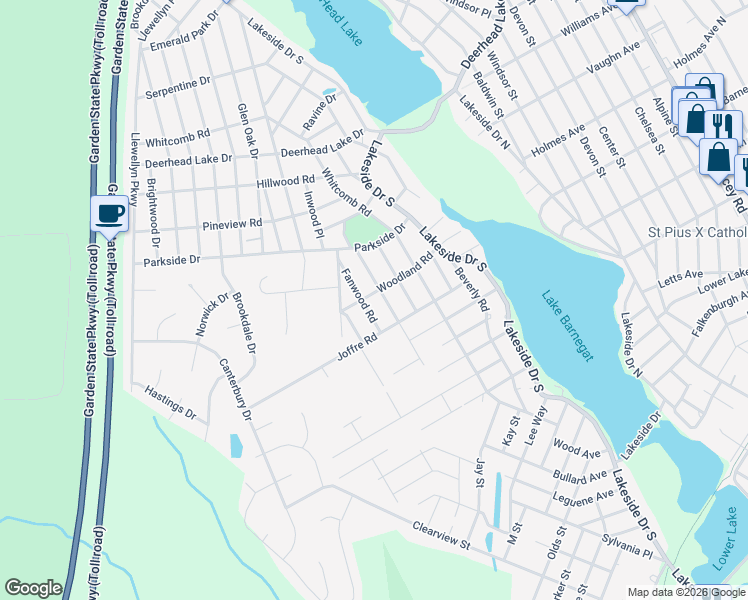 map of restaurants, bars, coffee shops, grocery stores, and more near 1661 Woodland Road in Lacey Township