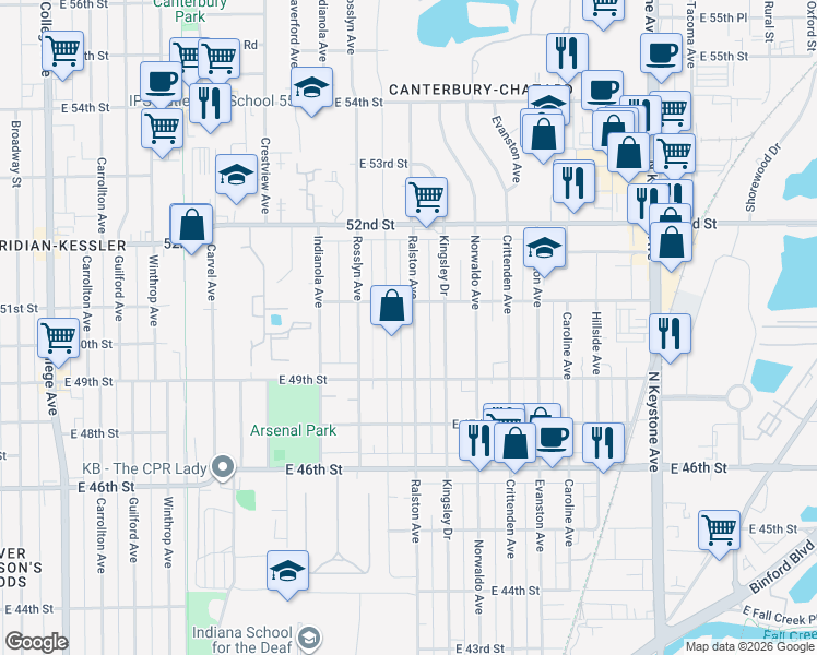 map of restaurants, bars, coffee shops, grocery stores, and more near 5004 Ralston Avenue in Indianapolis