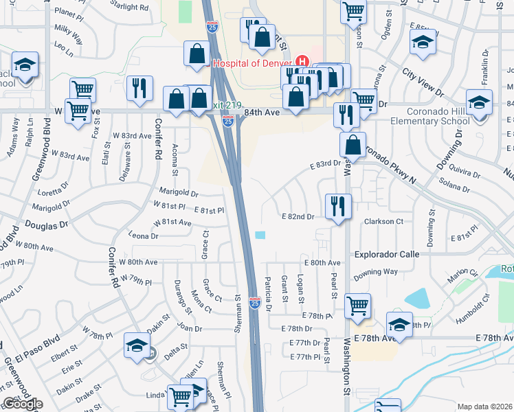 map of restaurants, bars, coffee shops, grocery stores, and more near 8141 Grant Street in Thornton