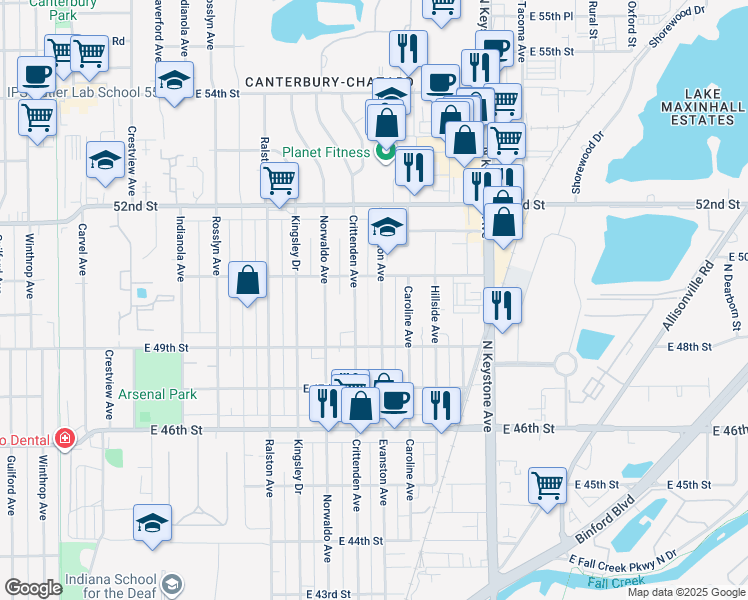 map of restaurants, bars, coffee shops, grocery stores, and more near 5016 Evanston Avenue in Indianapolis