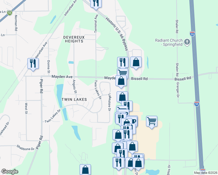 map of restaurants, bars, coffee shops, grocery stores, and more near 3125 Lakeshire Drive in Springfield