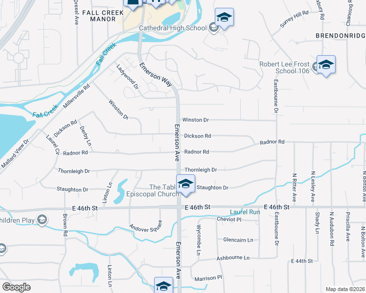 map of restaurants, bars, coffee shops, grocery stores, and more near 5102 Radnor Road in Indianapolis