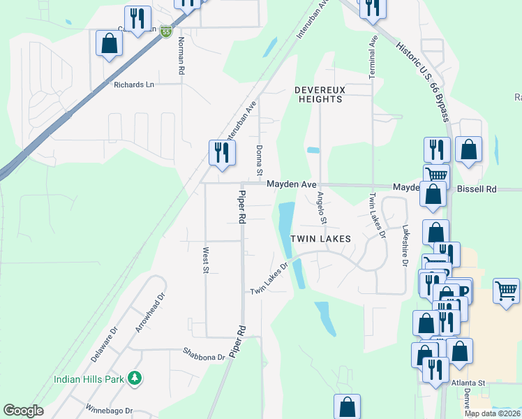 map of restaurants, bars, coffee shops, grocery stores, and more near 216 Willow Lane in Springfield