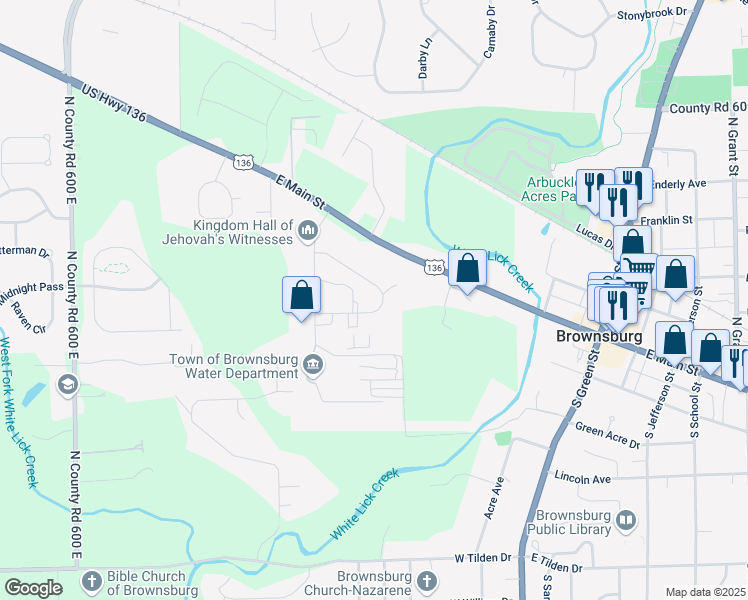 map of restaurants, bars, coffee shops, grocery stores, and more near 444 Johnson Lane in Brownsburg
