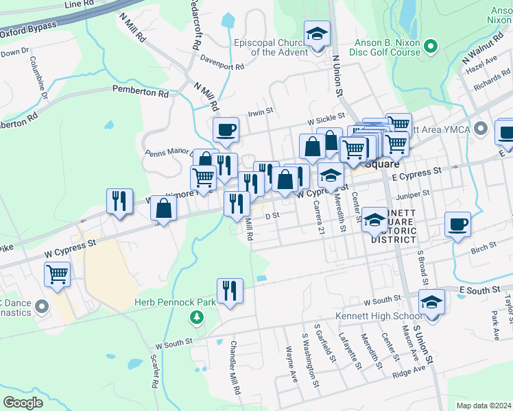 map of restaurants, bars, coffee shops, grocery stores, and more near 652 East Cypress Street in Kennett Square