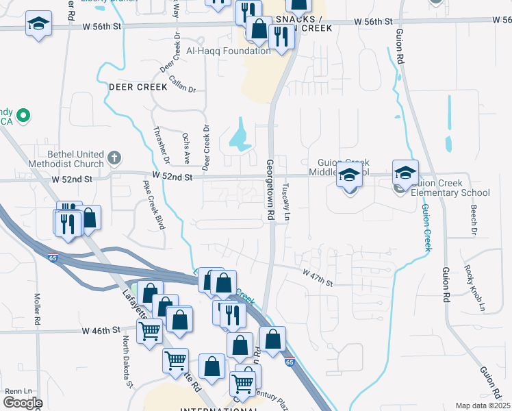 map of restaurants, bars, coffee shops, grocery stores, and more near 4914 Brock Street in Indianapolis