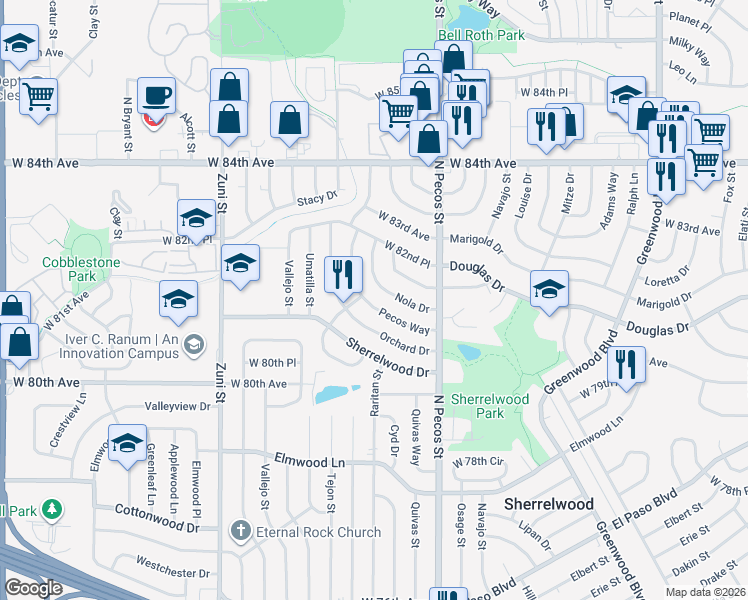 map of restaurants, bars, coffee shops, grocery stores, and more near 1861 Pecos Way in Denver
