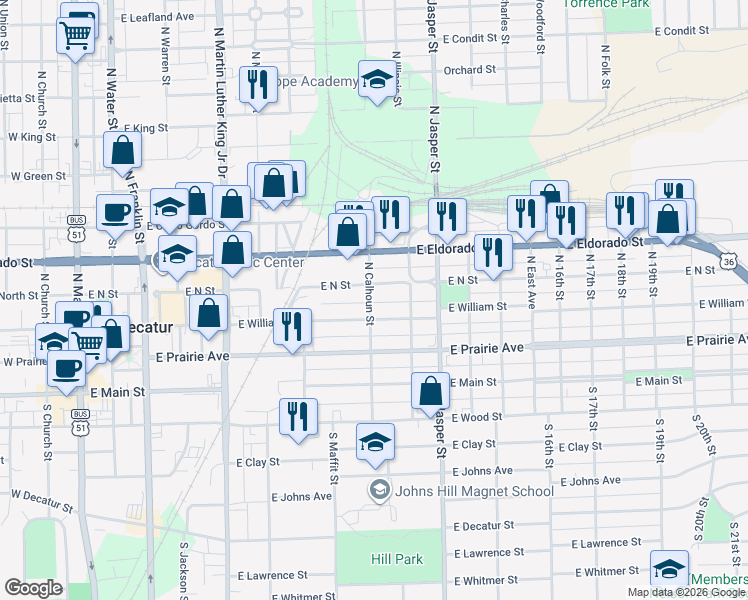 map of restaurants, bars, coffee shops, grocery stores, and more near 1031-1033 E North St in Decatur