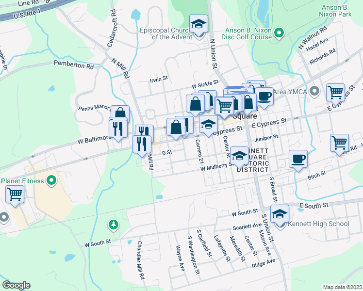 map of restaurants, bars, coffee shops, grocery stores, and more near 210 South Garfield Street in Kennett Square