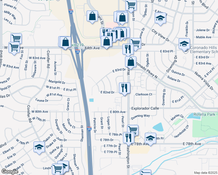 map of restaurants, bars, coffee shops, grocery stores, and more near 8145 Pennsylvania Street in Denver
