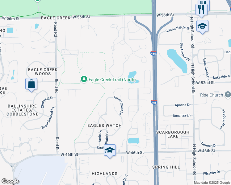 map of restaurants, bars, coffee shops, grocery stores, and more near 5117 Aspen Talon Court in Indianapolis