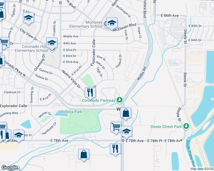 map of restaurants, bars, coffee shops, grocery stores, and more near 2249 Coronado Parkway North in Thornton