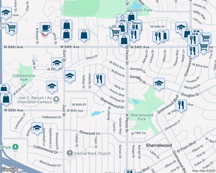 map of restaurants, bars, coffee shops, grocery stores, and more near 1861 Pecos Way in Denver
