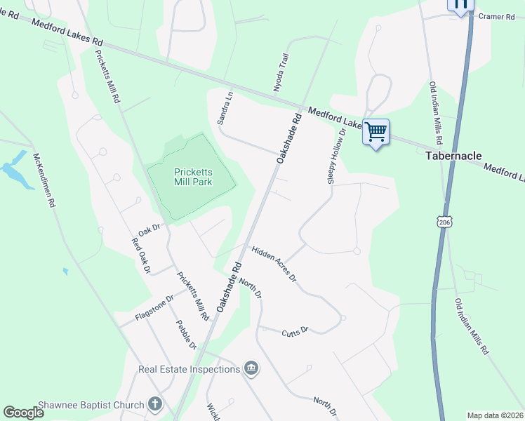 map of restaurants, bars, coffee shops, grocery stores, and more near 232 Oakshade Road in Tabernacle