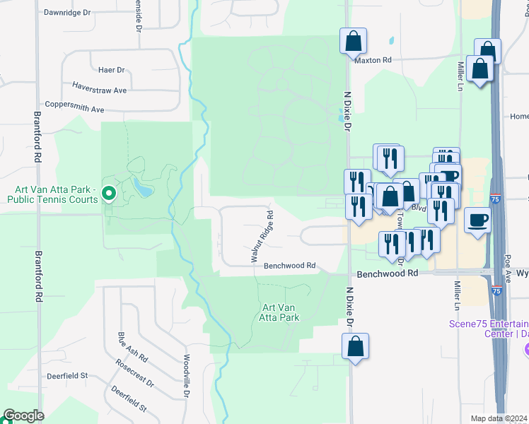 map of restaurants, bars, coffee shops, grocery stores, and more near 3148 Silver Rock Avenue in Dayton