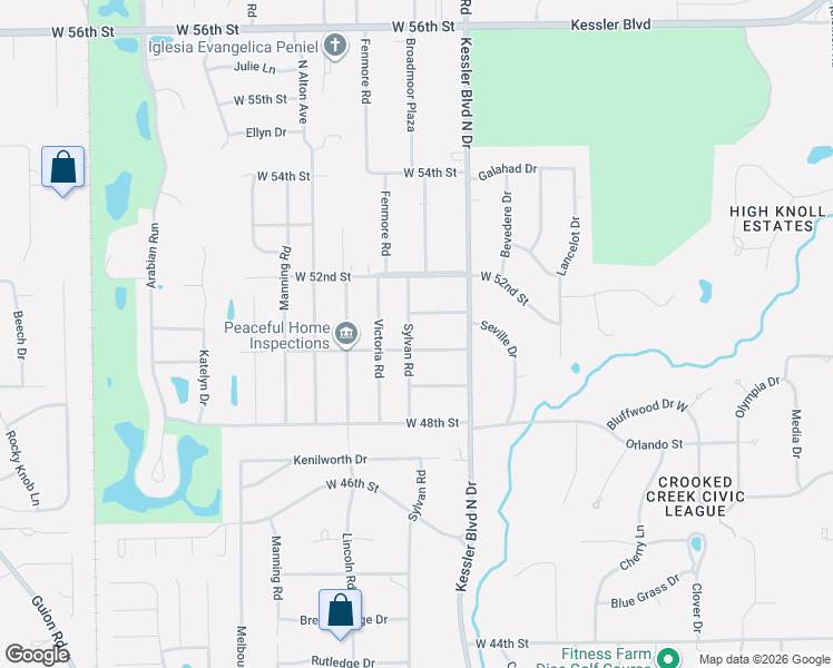 map of restaurants, bars, coffee shops, grocery stores, and more near 5015 Sylvan Road in Indianapolis
