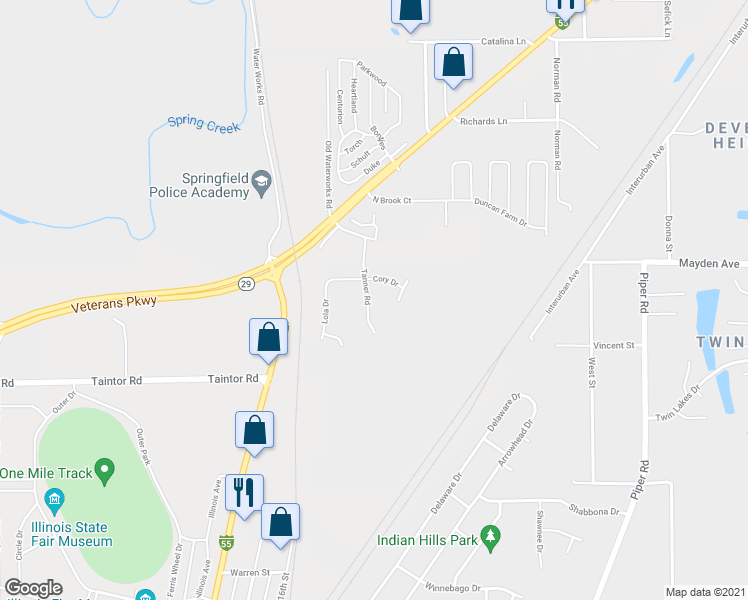 map of restaurants, bars, coffee shops, grocery stores, and more near Andy Rd in Springfield