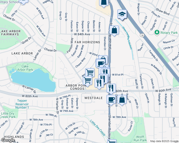 map of restaurants, bars, coffee shops, grocery stores, and more near 5357 West 81st Place in Arvada