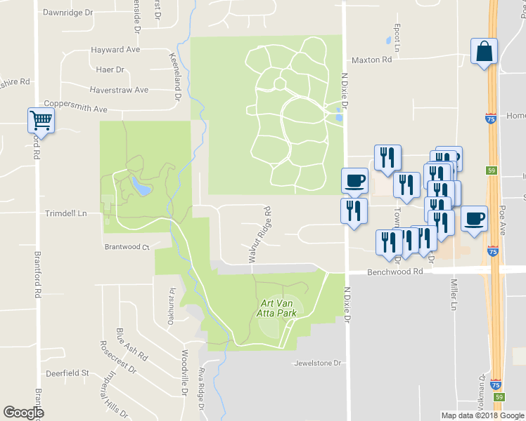 map of restaurants, bars, coffee shops, grocery stores, and more near 3148 Silver Rock Avenue in Dayton