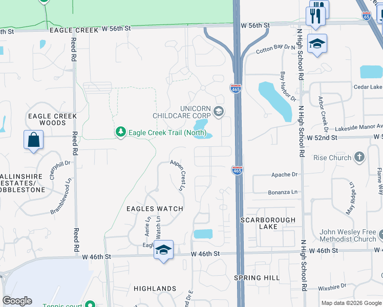 map of restaurants, bars, coffee shops, grocery stores, and more near 5136 Stanhope Lane in Indianapolis