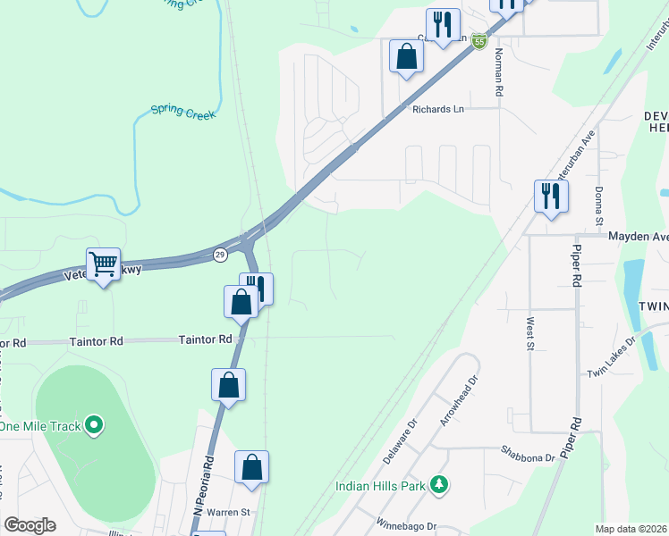 map of restaurants, bars, coffee shops, grocery stores, and more near Andy Rd in Springfield