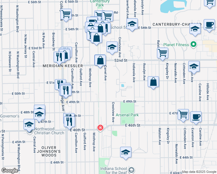 map of restaurants, bars, coffee shops, grocery stores, and more near 5007 Carvel Avenue in Indianapolis