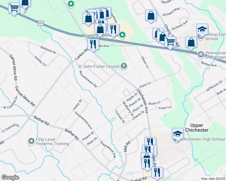 map of restaurants, bars, coffee shops, grocery stores, and more near 1301 Rolling Glen Drive in Boothwyn