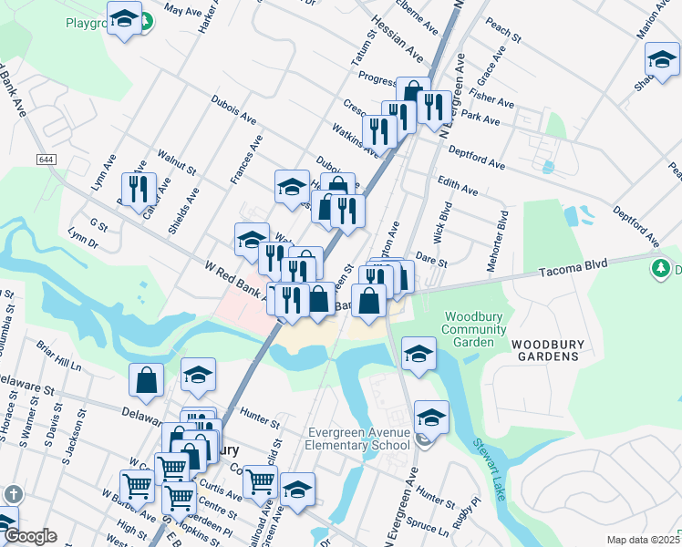 map of restaurants, bars, coffee shops, grocery stores, and more near 625 Green Street in Woodbury