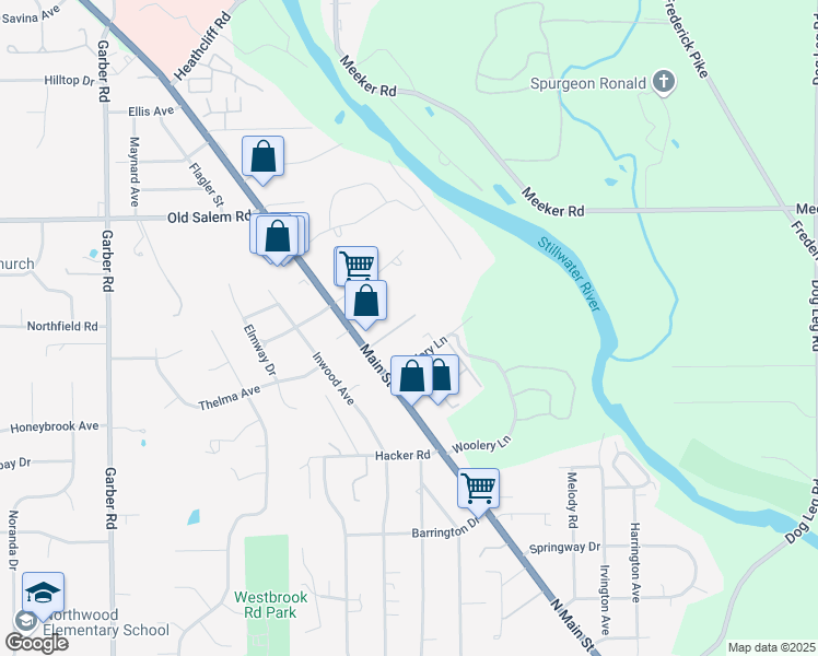map of restaurants, bars, coffee shops, grocery stores, and more near 8212 North Main Street in Dayton