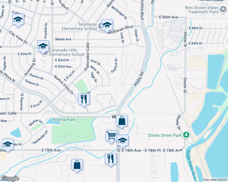 map of restaurants, bars, coffee shops, grocery stores, and more near 2259 Coronado Parkway North in Thornton