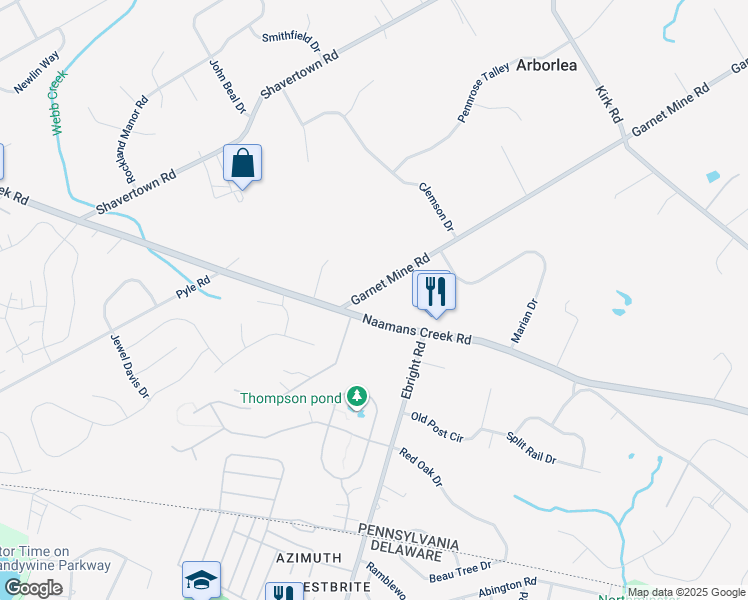 map of restaurants, bars, coffee shops, grocery stores, and more near 3686 Garnet Mine Road in Garnet Valley