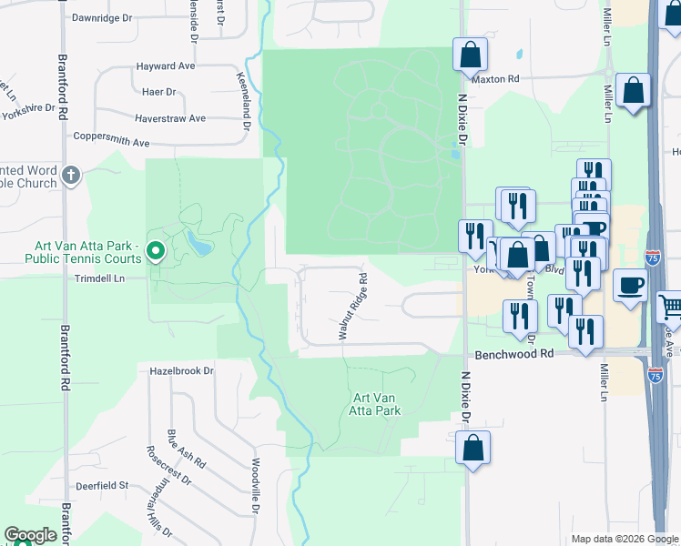 map of restaurants, bars, coffee shops, grocery stores, and more near 3136 Silver Rock Avenue in Dayton