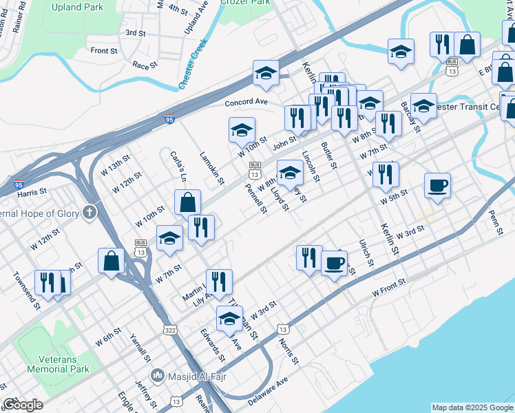 map of restaurants, bars, coffee shops, grocery stores, and more near 1206 West 7th Street in Chester