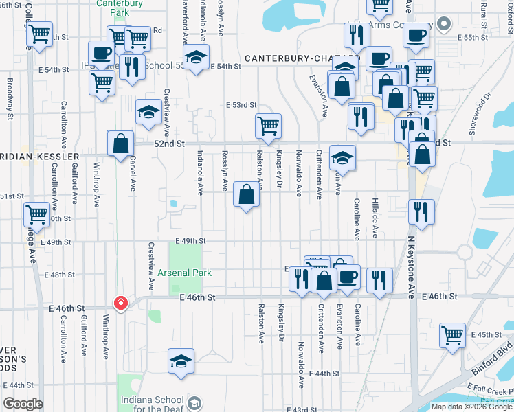 map of restaurants, bars, coffee shops, grocery stores, and more near 5008 Ralston Avenue in Indianapolis