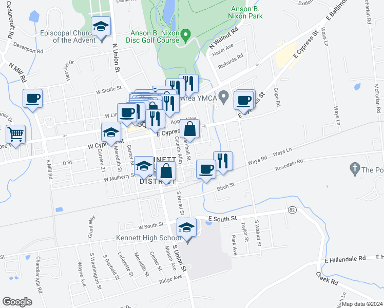 map of restaurants, bars, coffee shops, grocery stores, and more near 319 Marshall Street in Kennett Square