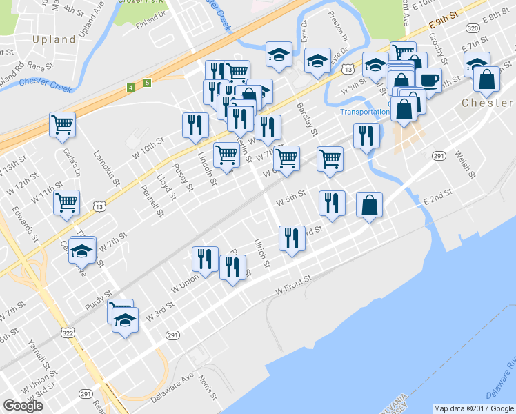map of restaurants, bars, coffee shops, grocery stores, and more near 718 West 5th Street in Chester