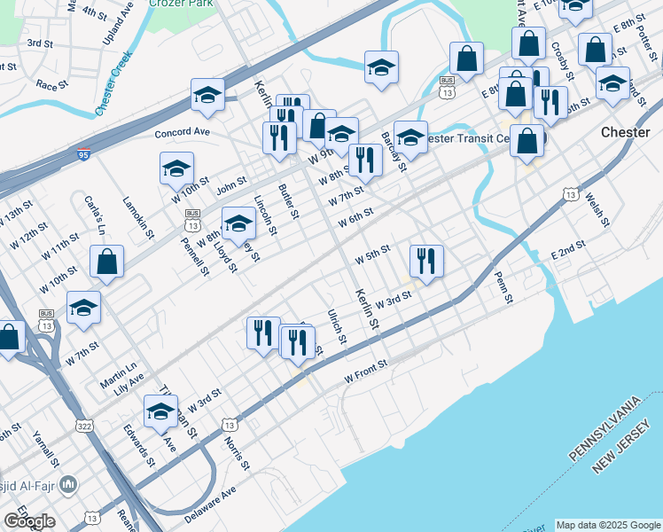 map of restaurants, bars, coffee shops, grocery stores, and more near 718 West 5th Street in Chester