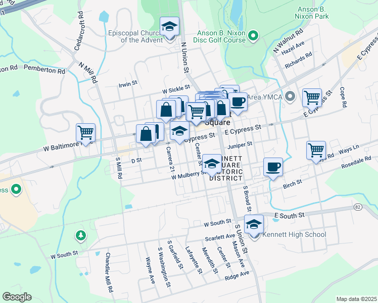 map of restaurants, bars, coffee shops, grocery stores, and more near 223 Meredith Street in Kennett Square