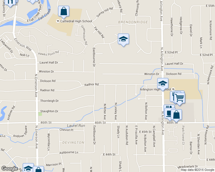 map of restaurants, bars, coffee shops, grocery stores, and more near 5511 Radnor Rd in Indianapolis