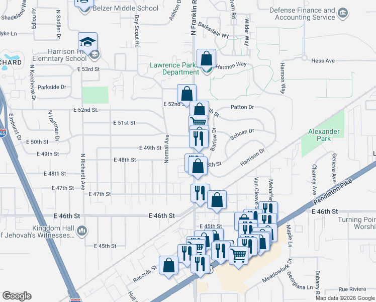 map of restaurants, bars, coffee shops, grocery stores, and more near 7949 East 49th Street in Indianapolis