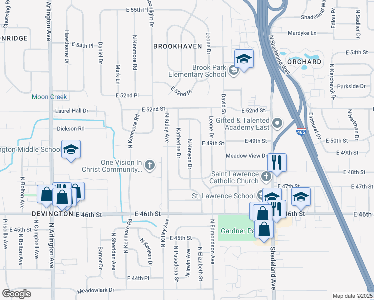 map of restaurants, bars, coffee shops, grocery stores, and more near 4852 North Kenyon Drive in Lawrence